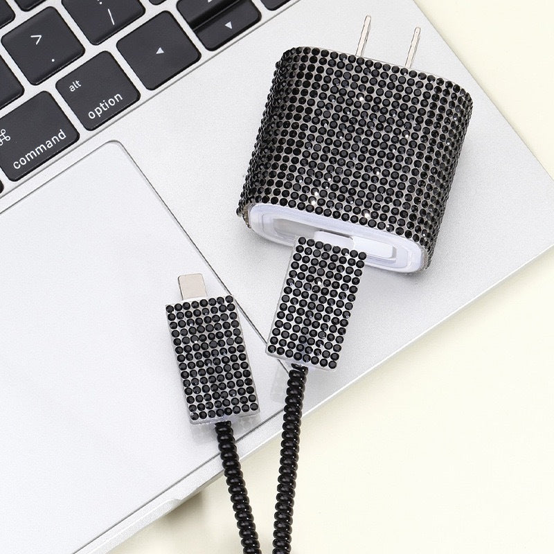 Zore Taşlı Şarj Aleti Koruyucu 4in1 Set Siyah