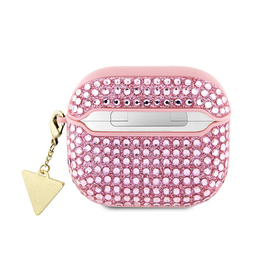 Apple Airpods 3rd Generation Case Guess Original Licensed Glitter Stone Coated Triangle Logo Ornament Chain Cover Pink