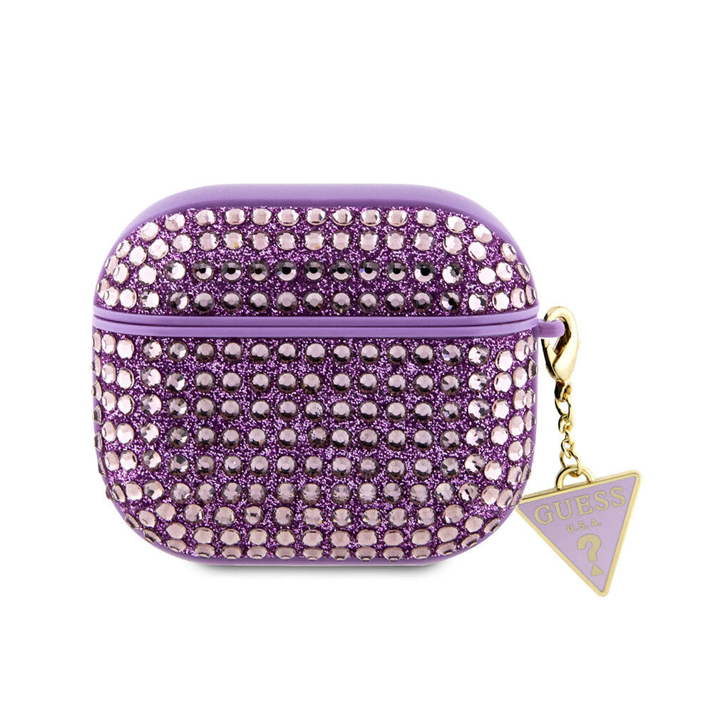Apple Airpods 3rd Generation Case Guess Original Licensed Glitter Stone Coated Triangle Logo Ornament Chain Cover Purple