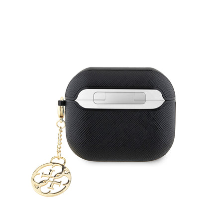 Apple Airpods 3.Nesil Kılıf Guess Orjinal Lisanslı Dokulu 4G Yuvarlak Charm Saffiano Kılıf Siyah
