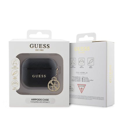 Apple Airpods 3.Nesil Kılıf Guess Orjinal Lisanslı Dokulu 4G Yuvarlak Charm Saffiano Kılıf Siyah