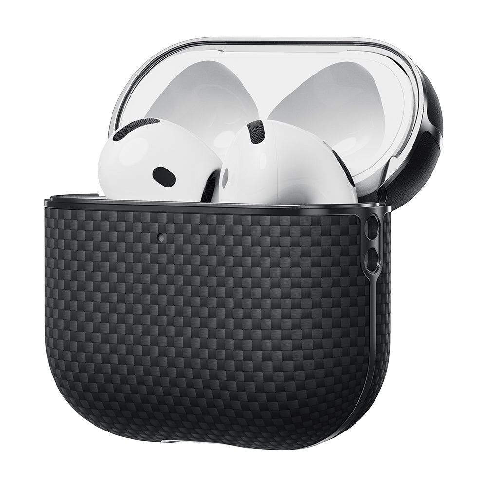 Apple Airpods 4 Kılıf 1500D Aramid Fiber Pitaka Ultra-Slim Classic Serisi Black-Grey Twill Kapak Siyah-Gri