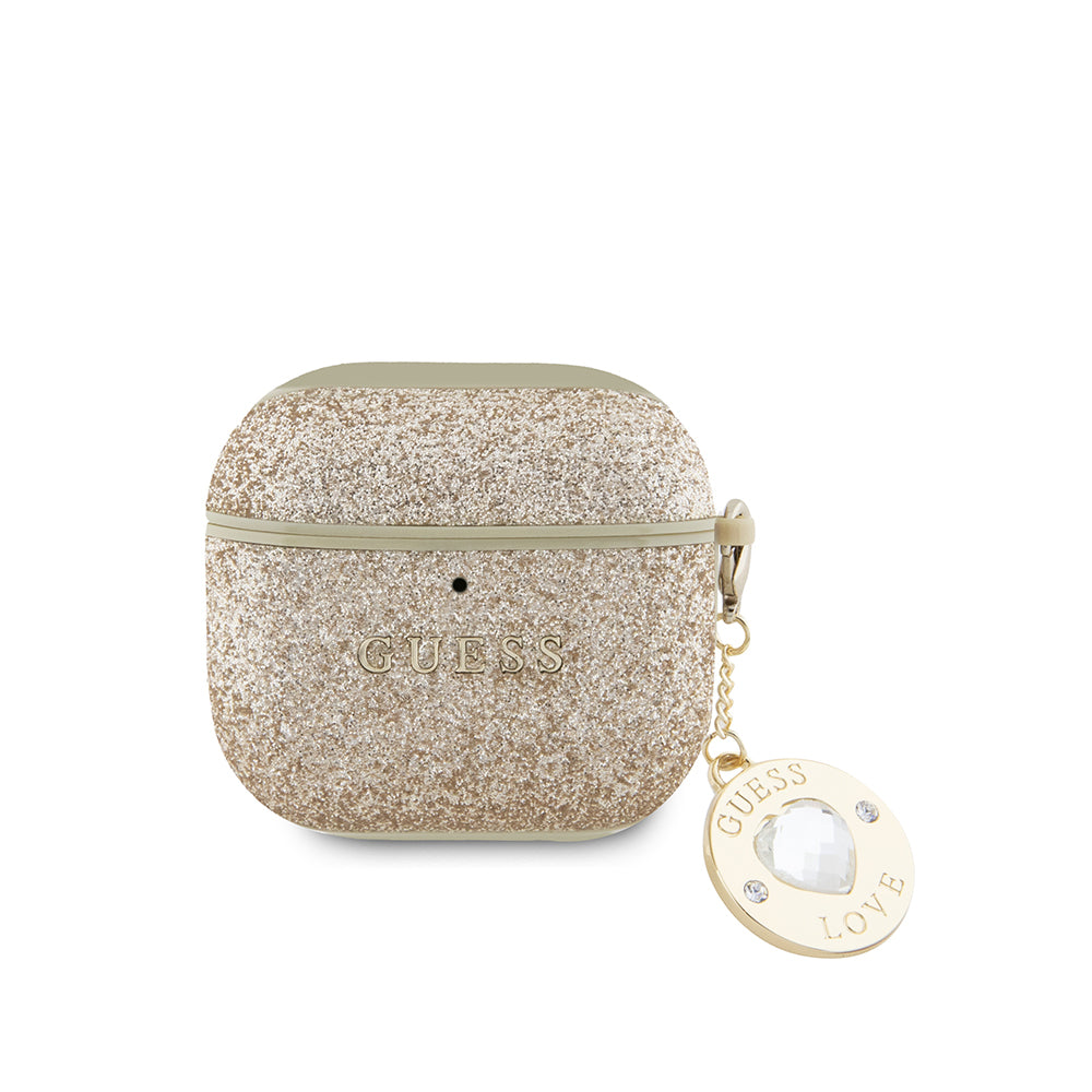 Apple Airpods 4 Case Guess Original Licensed Glitter Diamond Heart Ornament Chain Cover Gold