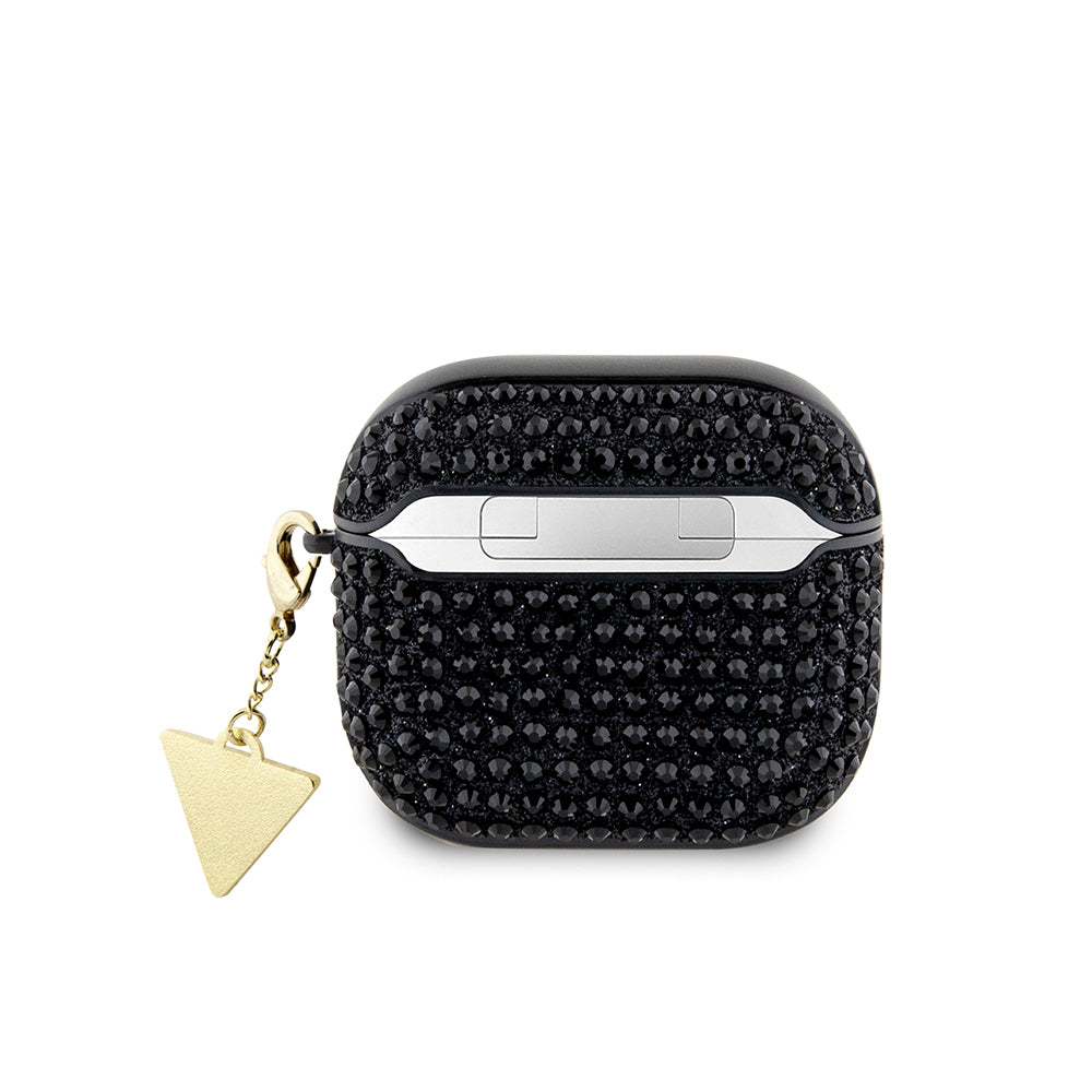 Apple Airpods 4 Case Guess Original Licensed Glitter Stone Coated Triangle Logo Ornament Chain Cover Black