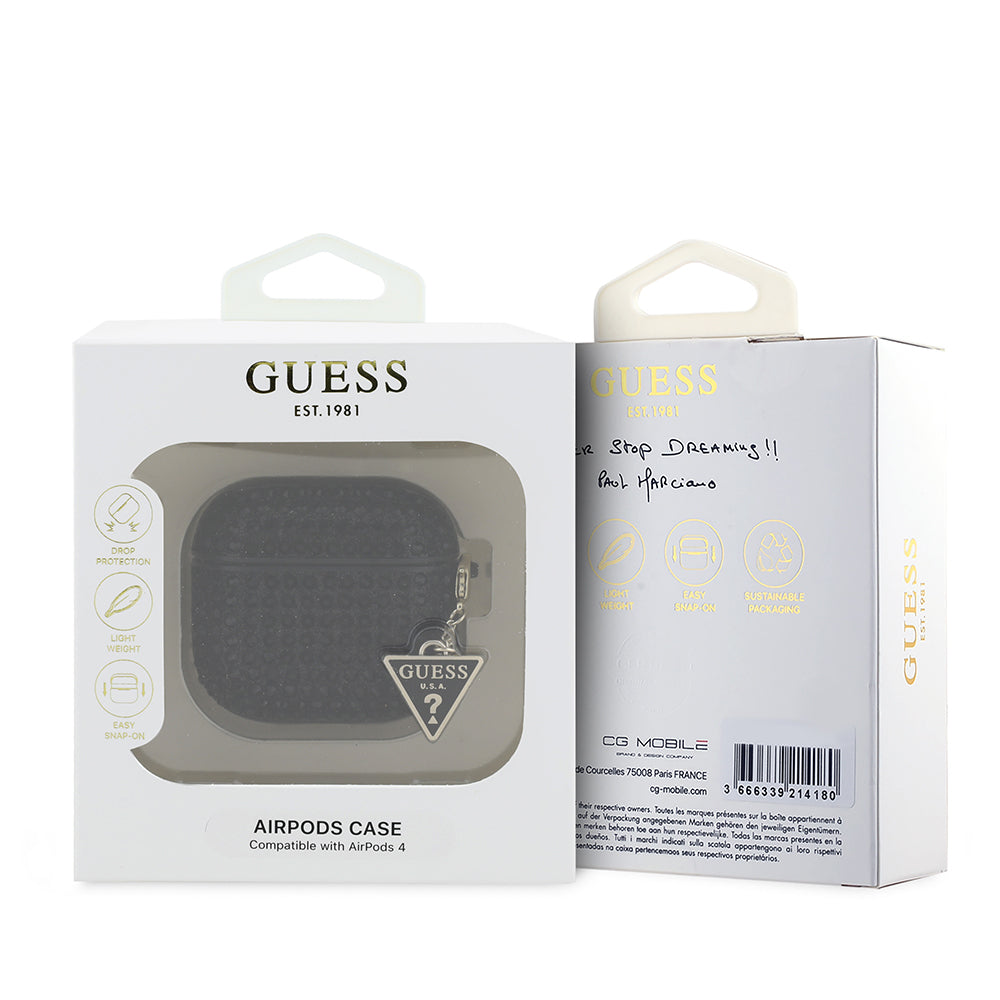 Apple Airpods 4 Case Guess Original Licensed Glitter Stone Coated Triangle Logo Ornament Chain Cover Pink