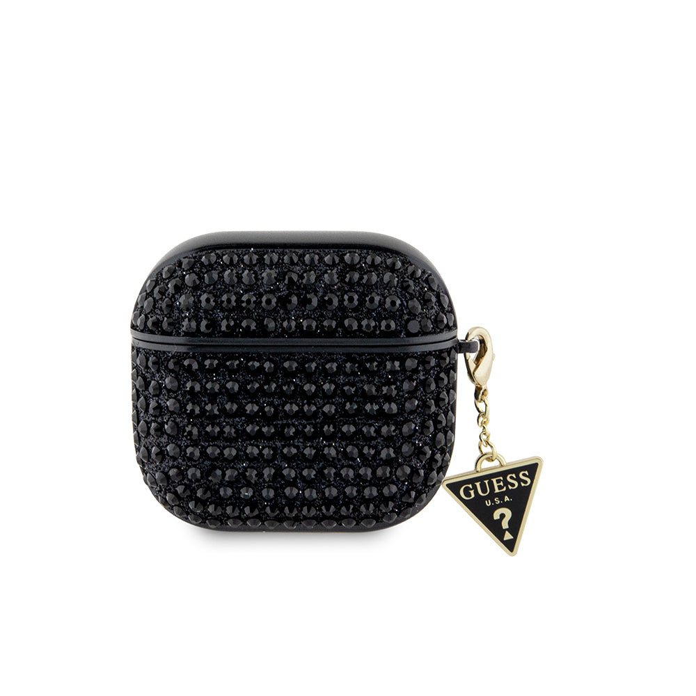 Apple Airpods 4 Case Guess Original Licensed Glitter Stone Coated Triangle Logo Ornament Chain Cover Black