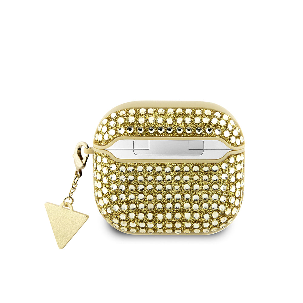 Apple Airpods 4 Case Guess Original Licensed Glitter Stone Coated Triangle Logo Ornament Chain Cover Silver