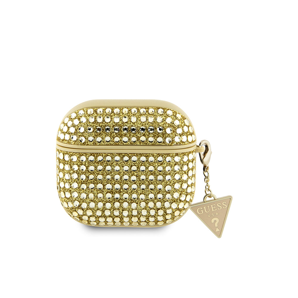 Apple Airpods 4 Case Guess Original Licensed Glitter Stone Coated Triangle Logo Ornament Chain Cover Gold