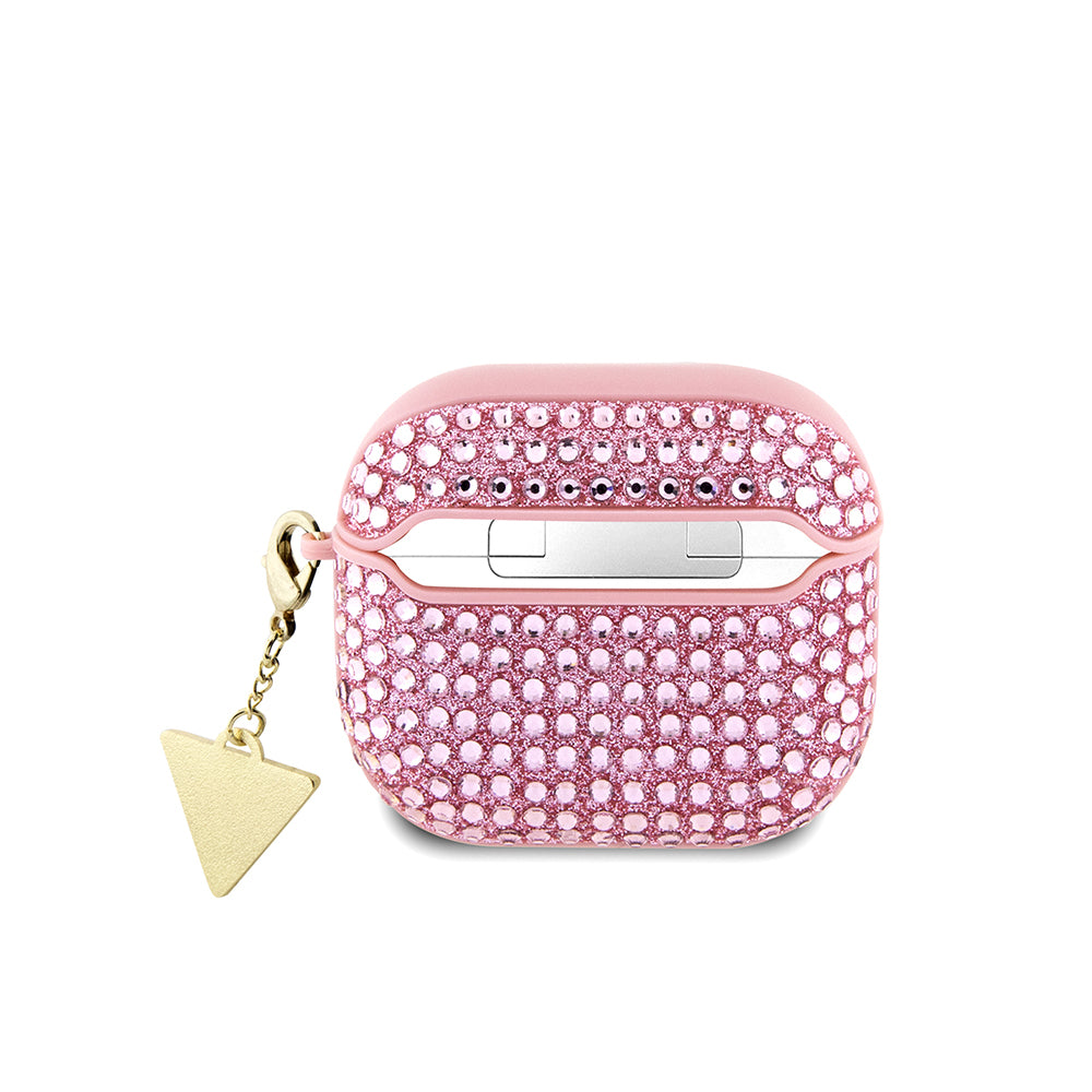 Apple Airpods 4 Case Guess Original Licensed Glitter Stone Coated Triangle Logo Ornament Chain Cover Pink