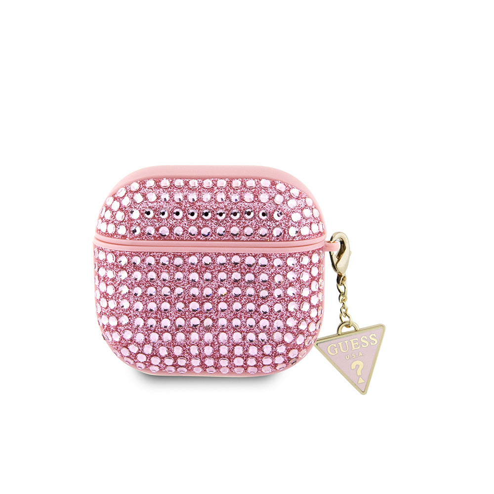 Apple Airpods 4 Case Guess Original Licensed Glitter Stone Coated Triangle Logo Ornament Chain Cover Pink