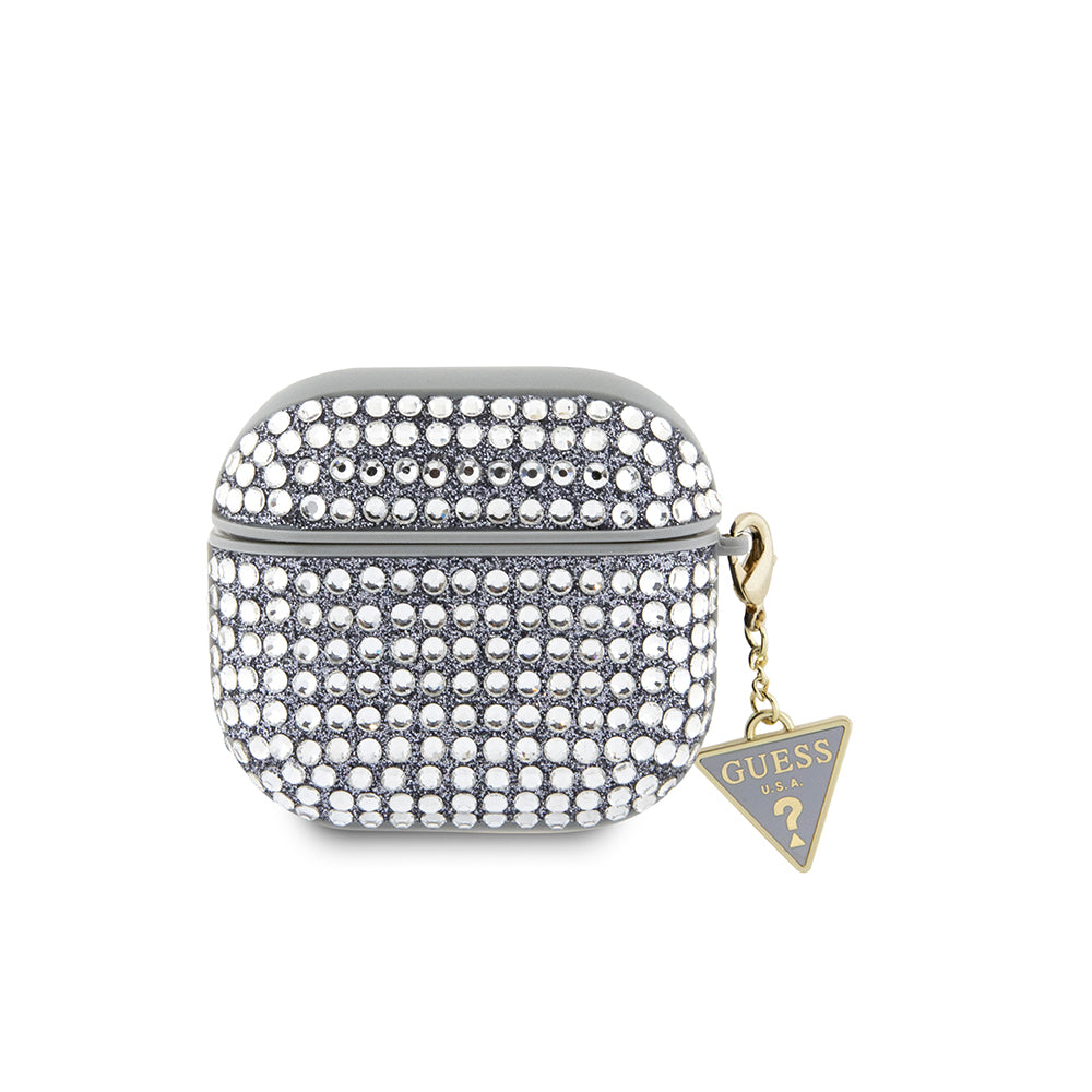 Apple Airpods 4 Case Guess Original Licensed Glitter Stone Coated Triangle Logo Ornament Chain Cover Silver