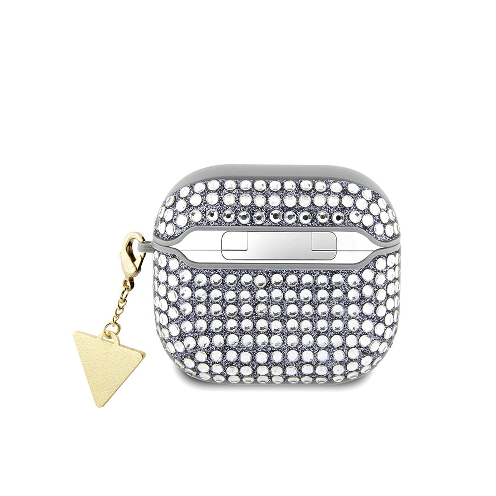 Apple Airpods 4 Case Guess Original Licensed Glitter Stone Coated Triangle Logo Ornament Chain Cover Pink