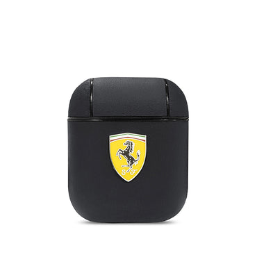 Apple Airpods Kılıf Ferrari Orjinal Lisanslı PU Deri Metal Logolu SF Arka Yüzey Yazılı Kapak Siyah