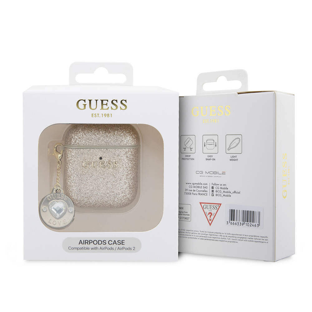 Apple Airpods Case Guess Original Licensed Glitter Diamond Heart Ornament Chain Cover Black