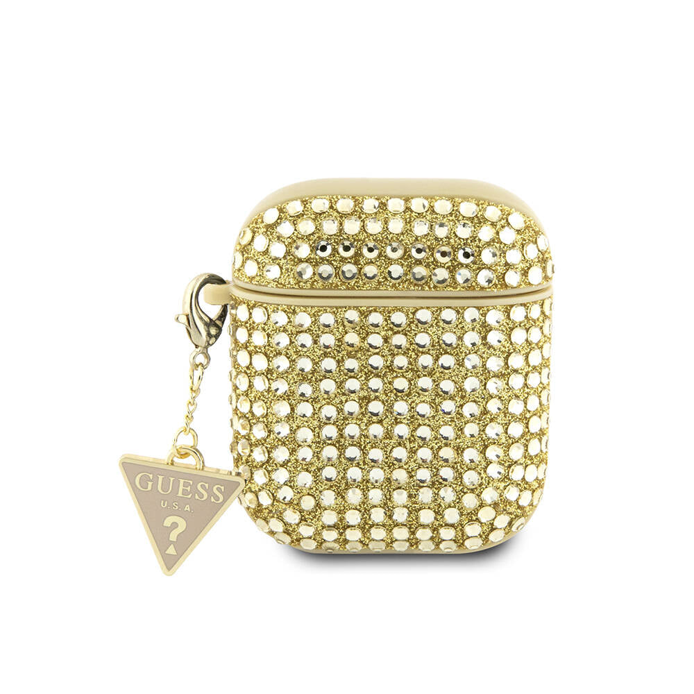 Apple Airpods Case Guess Original Licensed Glitter Stone Coated Triangle Logo Ornament Chain Cover Gold