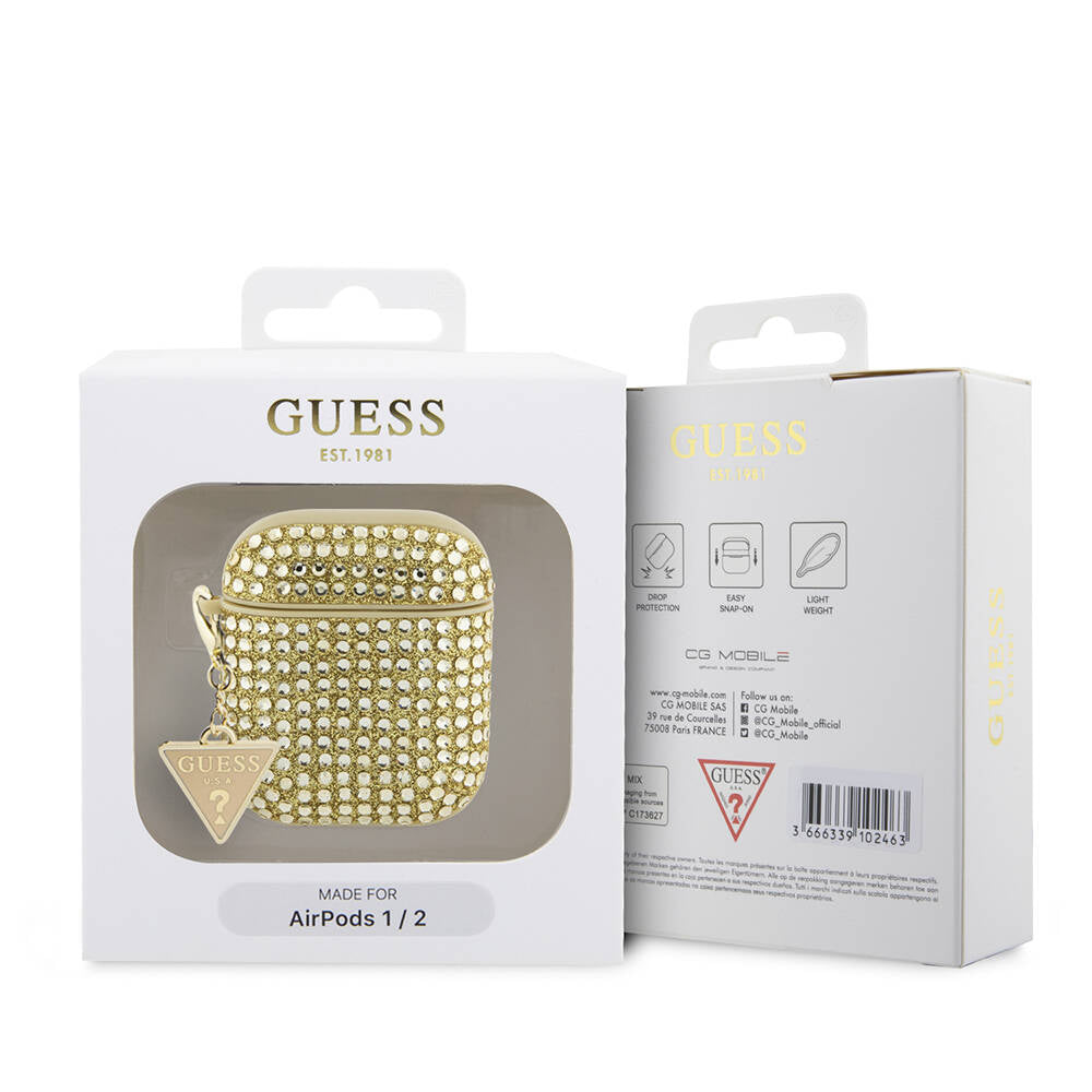 Apple Airpods Case Guess Original Licensed Glitter Stone Coated Triangle Logo Ornament Chain Cover Black