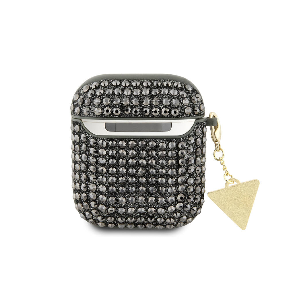 Apple Airpods Case Guess Original Licensed Glitter Stone Coated Triangle Logo Ornament Chain Cover Black
