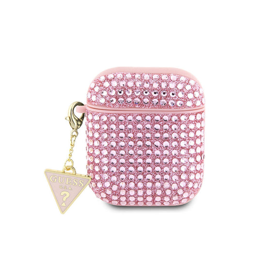 Apple Airpods Case Guess Original Licensed Glitter Stone Coated Triangle Logo Ornament Chain Cover Pink
