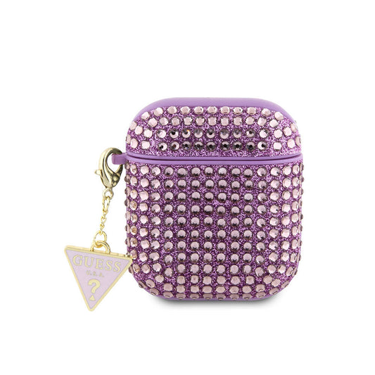 Apple Airpods Case Guess Original Licensed Glitter Stone Coated Triangle Logo Ornament Chain Cover Purple
