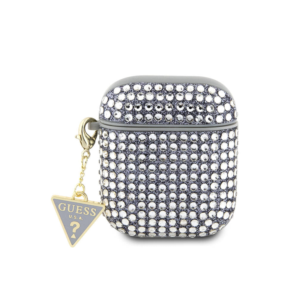 Apple Airpods Case Guess Original Licensed Glitter Stone Coated Triangle Logo Ornament Chain Cover Silver