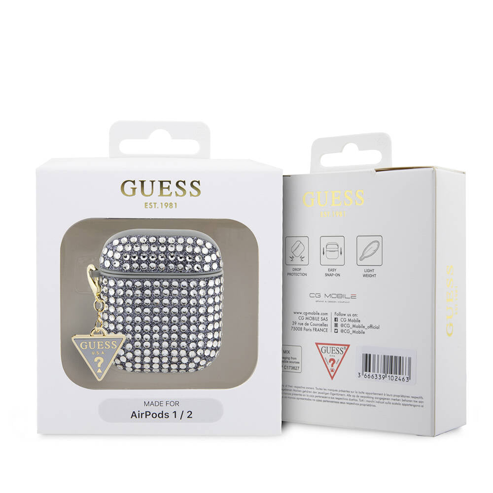 Apple Airpods Case Guess Original Licensed Glitter Stone Coated Triangle Logo Ornament Chain Cover Khaki