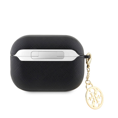 Apple Airpods Pro 2 Kılıf Guess Orjinal Lisanslı Dokulu 4G Yuvarlak Süs Zincirli Saffiano Kılıf Siyah