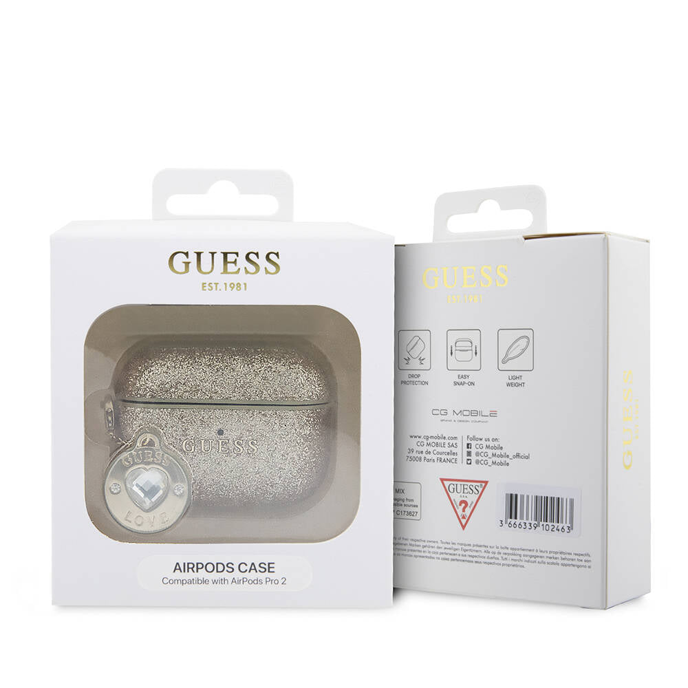 Apple Airpods Pro 2 Case Guess Original Licensed Glitter Diamond Heart Ornament Chain Cover Black