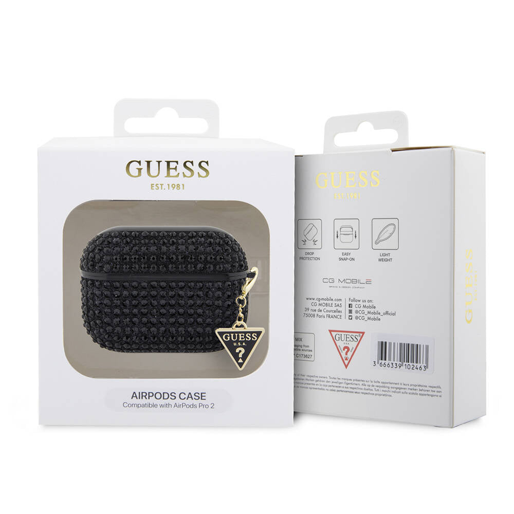 Apple Airpods Pro 2 Case Guess Original Licensed Glitter Stone Coated Triangle Logo Ornament Chain Cover Silver