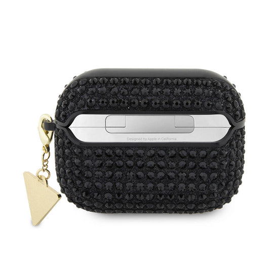 Apple Airpods Pro 2 Case Guess Original Licensed Glitter Stone Coated Triangle Logo Ornament Chain Cover Black
