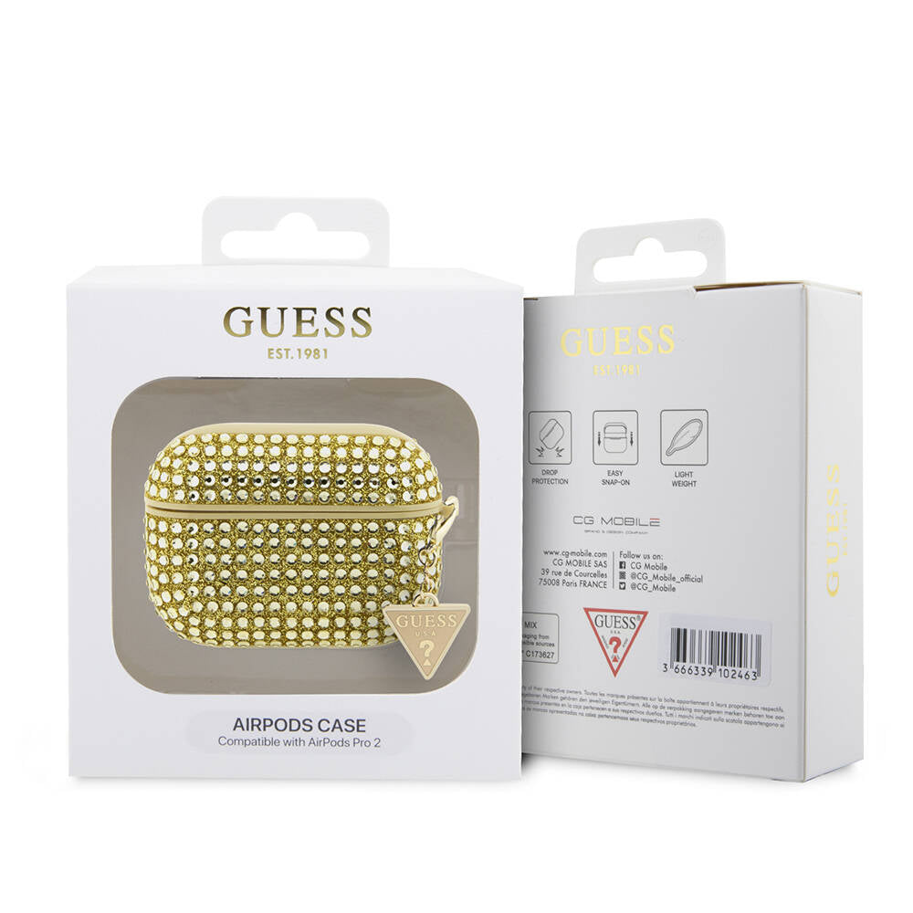 Apple Airpods Pro 2 Case Guess Original Licensed Glitter Stone Coated Triangle Logo Ornament Chain Cover Silver