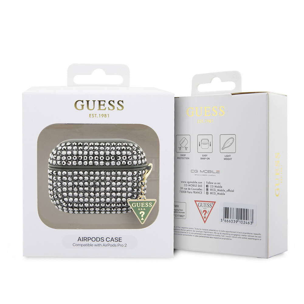 Apple Airpods Pro 2 Case Guess Original Licensed Glitter Stone Coated Triangle Logo Ornament Chain Cover Black
