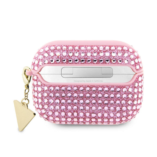 Apple Airpods Pro 2 Case Guess Original Licensed Glitter Stone Coated Triangle Logo Ornament Chain Cover Pink