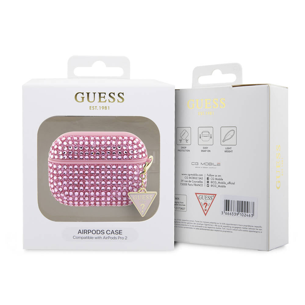 Apple Airpods Pro 2 Case Guess Original Licensed Glitter Stone Coated Triangle Logo Ornament Chain Cover Silver