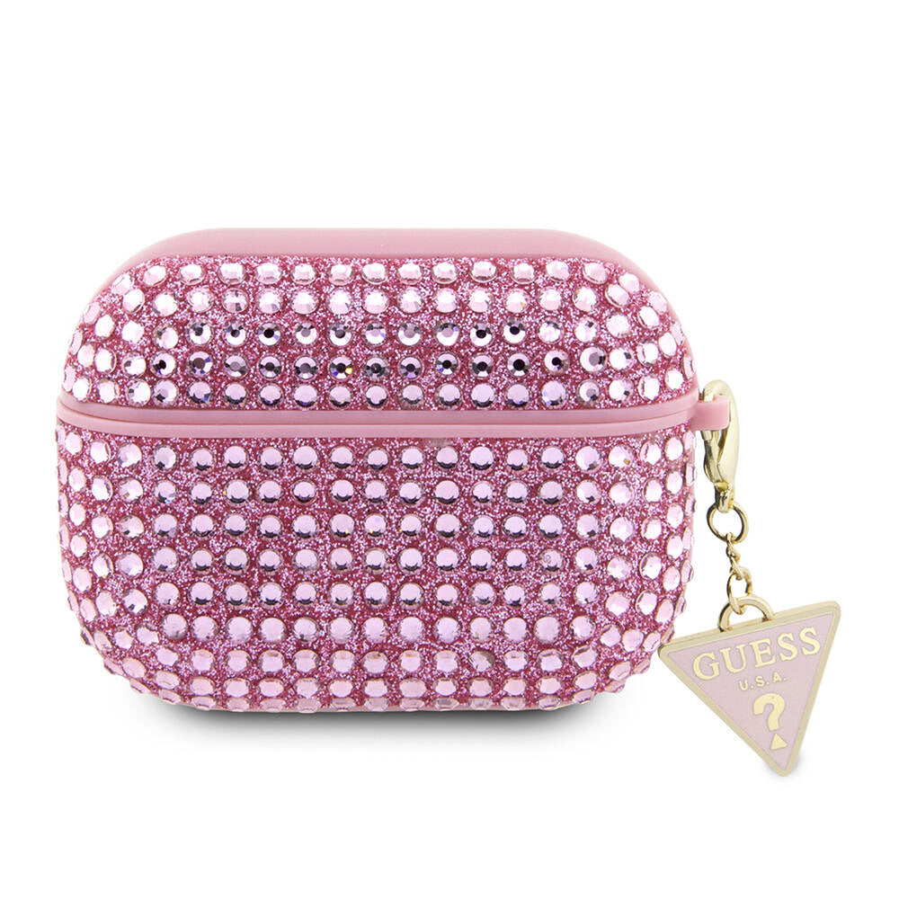 Apple Airpods Pro 2 Case Guess Original Licensed Glitter Stone Coated Triangle Logo Ornament Chain Cover Pink
