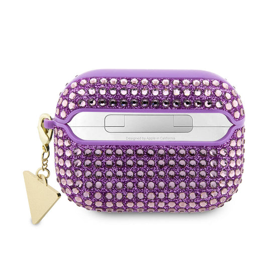 Apple Airpods Pro 2 Case Guess Original Licensed Glitter Stone Coated Triangle Logo Ornament Chain Cover Purple