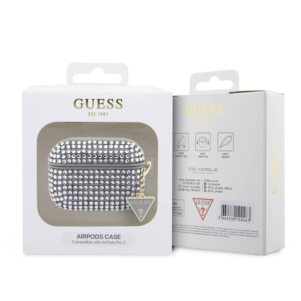 Apple Airpods Pro 2 Case Guess Original Licensed Glitter Stone Coated Triangle Logo Ornament Chain Cover Silver