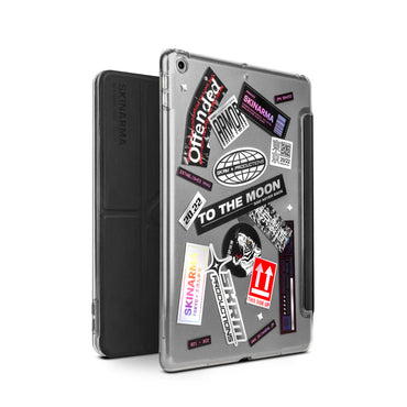 Apple iPad 10.2 2021 (9.Nesil) Kılıf SkinArma Sticker Tasarımlı Arkası Şeffaf Standlı Mageru Kılıf Siyah