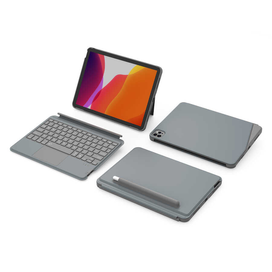Apple iPad Air 10.9 2022 (5.Nesil) Wiwu Combo Led Işıklı Magnetik Standlı Klavyeli Kılıf Gri