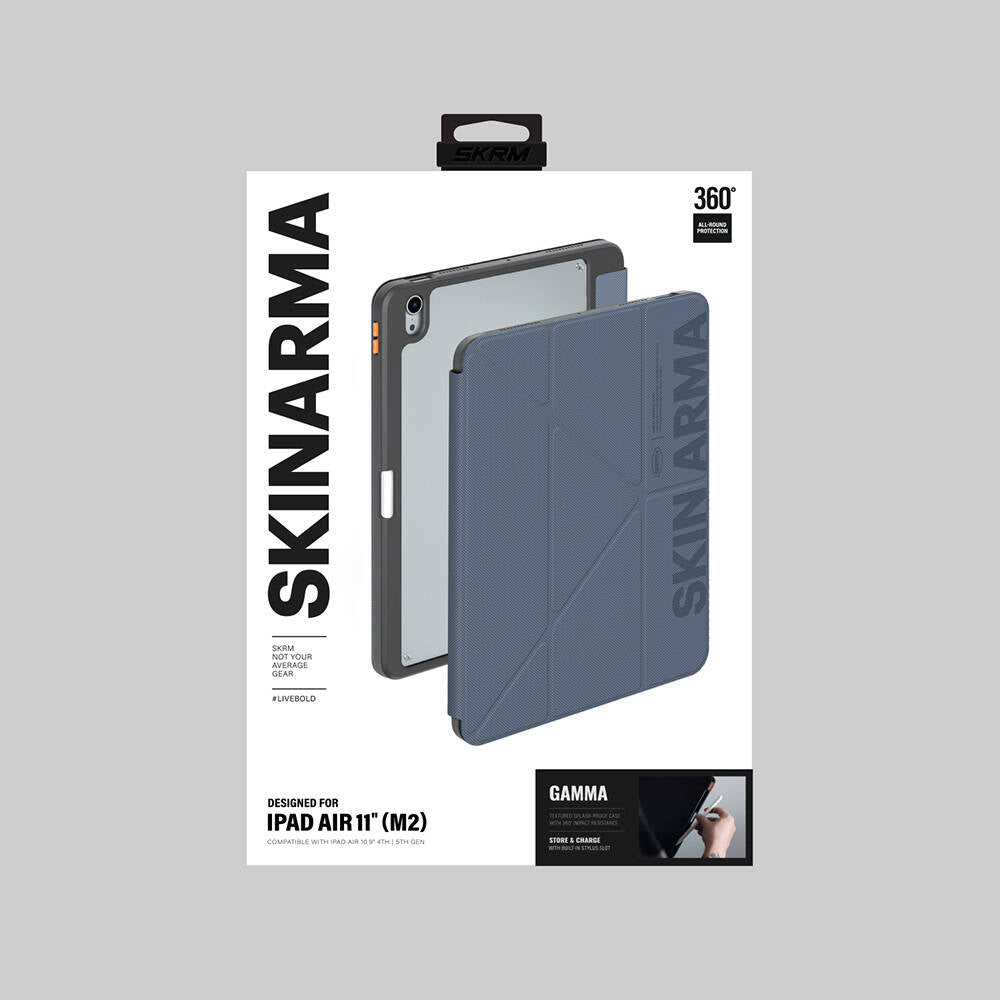 Apple iPad Air 11 2024 Kılıf SkinArma Kabartma Baskı Tasarımlı 360 Tam Koruma Arkası Şeffaf Standlı Gamma Kılıf Siyah