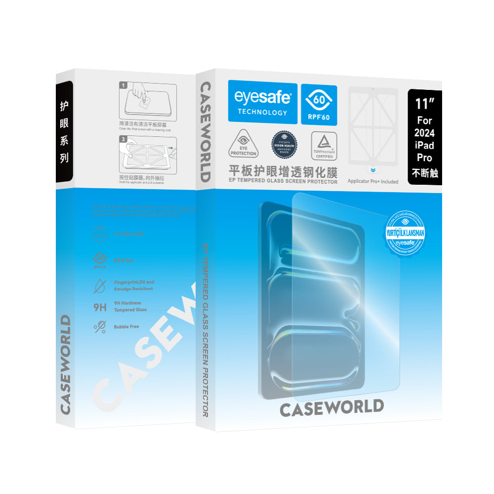 Apple iPad Pro 11 2024 CaseWorld Eyesafe Mavi Işık Teknolojili Temperli Cam Ekran Koruyucu + Uygulama Aparatı Şeffaf