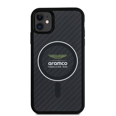 Apple iPhone 11 Kılıf Aston Martin Orjinal Lisanslı M-safe Şarj Özellikli Renkli Halka ve Karbon Fiber Tasarımlı Kapak Siyah-Gümüş