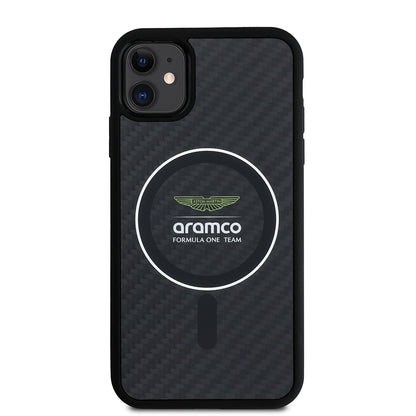 Apple iPhone 11 Kılıf Aston Martin Orjinal Lisanslı M-safe Şarj Özellikli Renkli Halka ve Karbon Fiber Tasarımlı Kapak Siyah-Gümüş