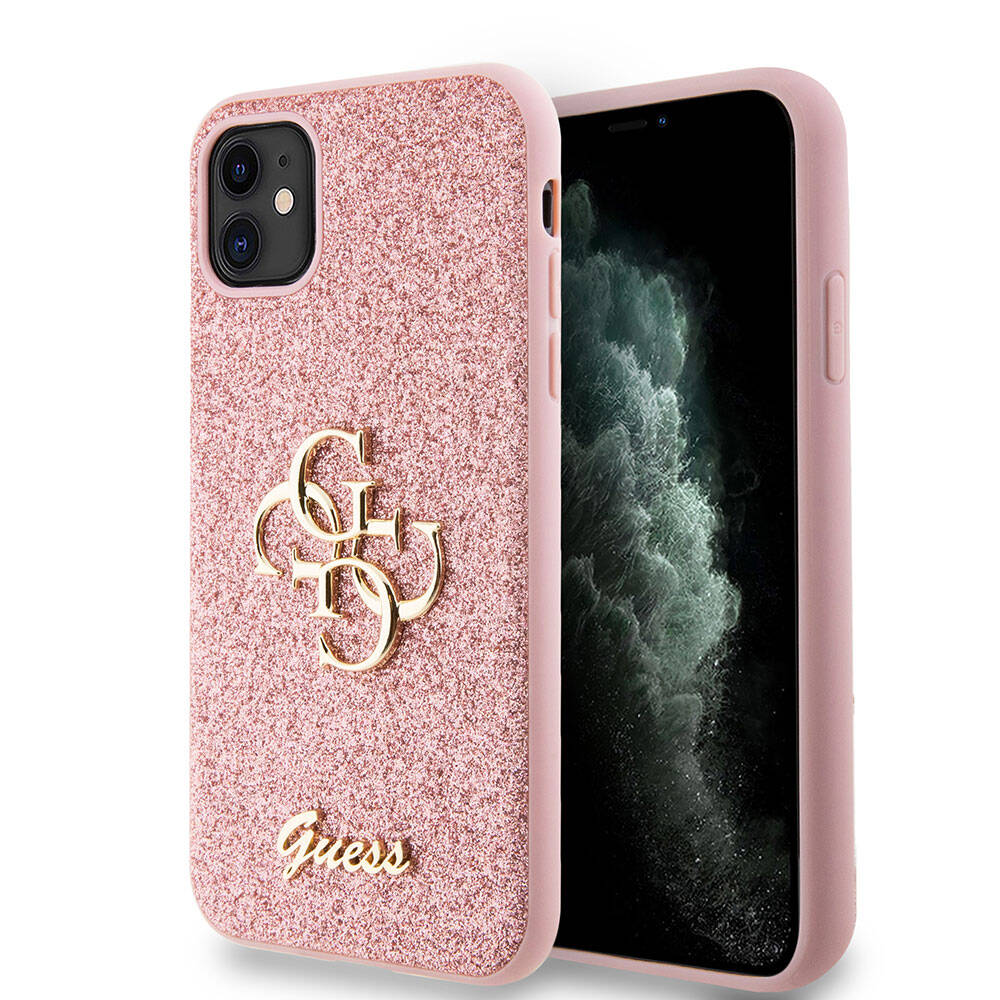 Apple iPhone 11 Case Guess Original Licensed 4G Large Metal Logo Glitter Cover Pink 