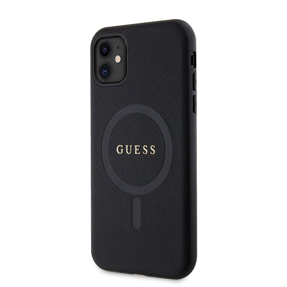 Apple iPhone 11 Case Guess Original Licensed M-safe Charging Feature Saffiano Classic Cover Black with Text Logo