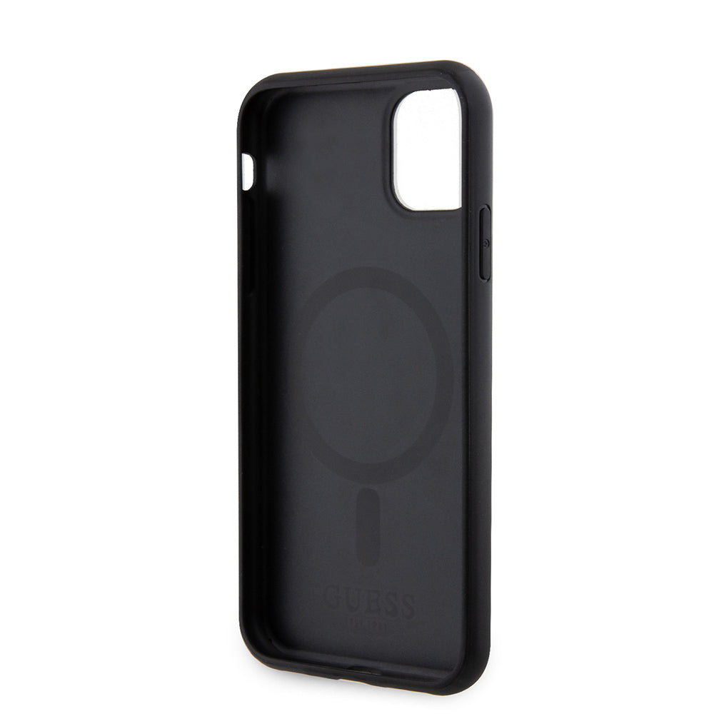 Apple iPhone 11 Case Guess Original Licensed M-safe Charging Feature Saffiano Classic Cover Black with Text Logo