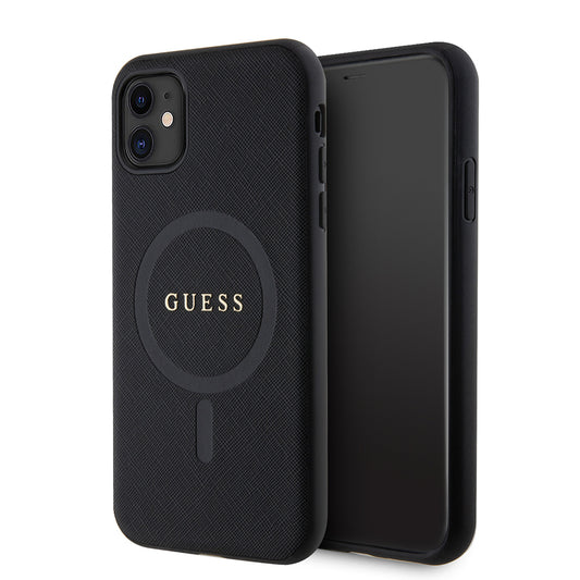 Apple iPhone 11 Case Guess Original Licensed M-safe Charging Feature Saffiano Classic Cover Black with Text Logo