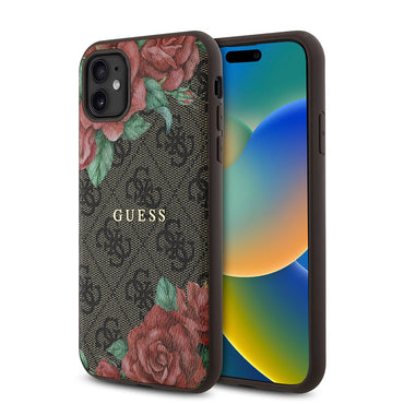 Apple iPhone 11 Case Guess Original Licensed M-safe Compatible Rose Printed 4G Patterned Text Logo Cover Black