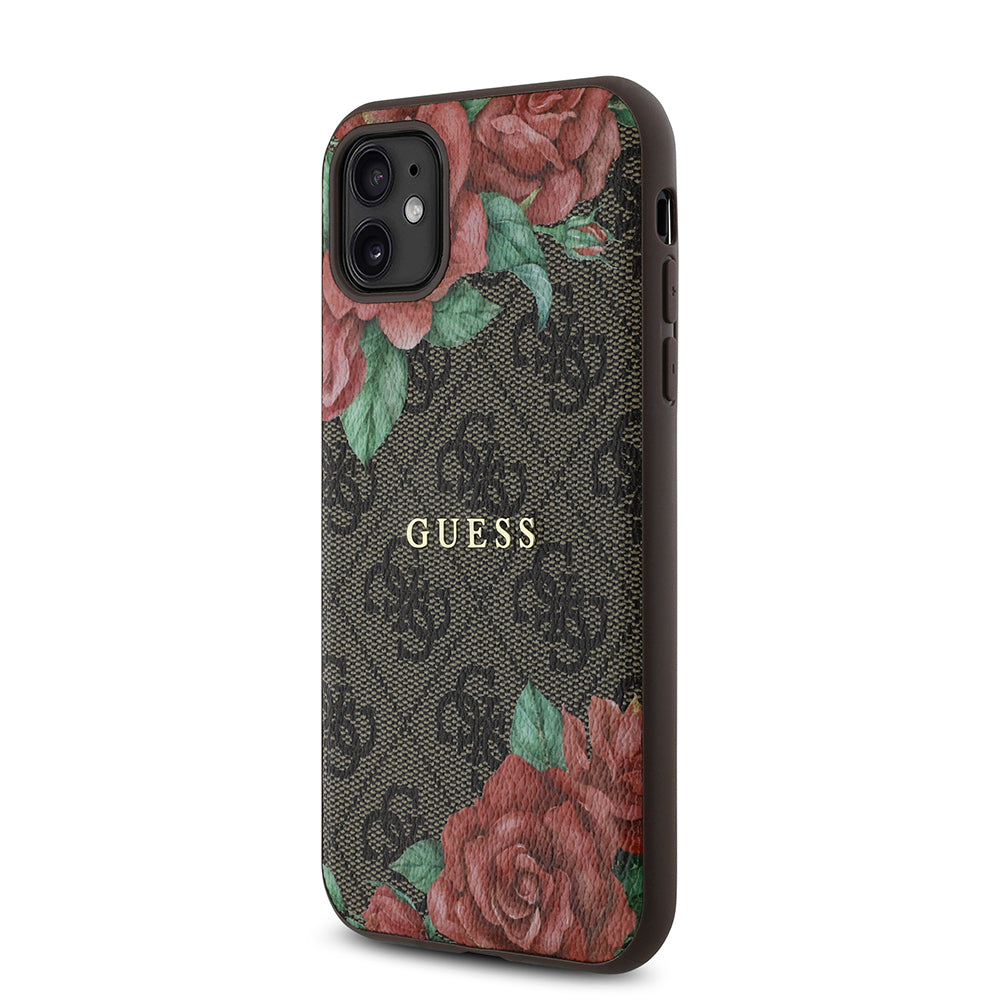 Apple iPhone 11 Case Guess Original Licensed M-safe Compatible Rose Printed 4G Patterned Text Logo Cover Black