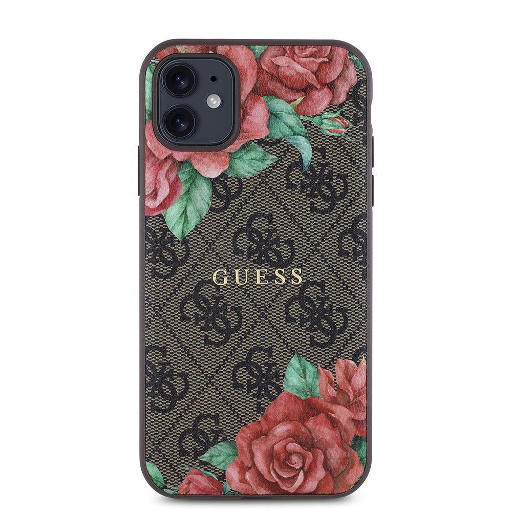 Apple iPhone 11 Case Guess Original Licensed M-safe Compatible Rose Printed 4G Patterned Text Logo Cover Black