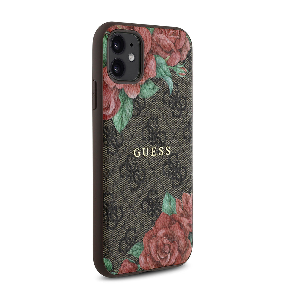 Apple iPhone 11 Case Guess Original Licensed M-safe Compatible Rose Printed 4G Patterned Text Logo Cover Black